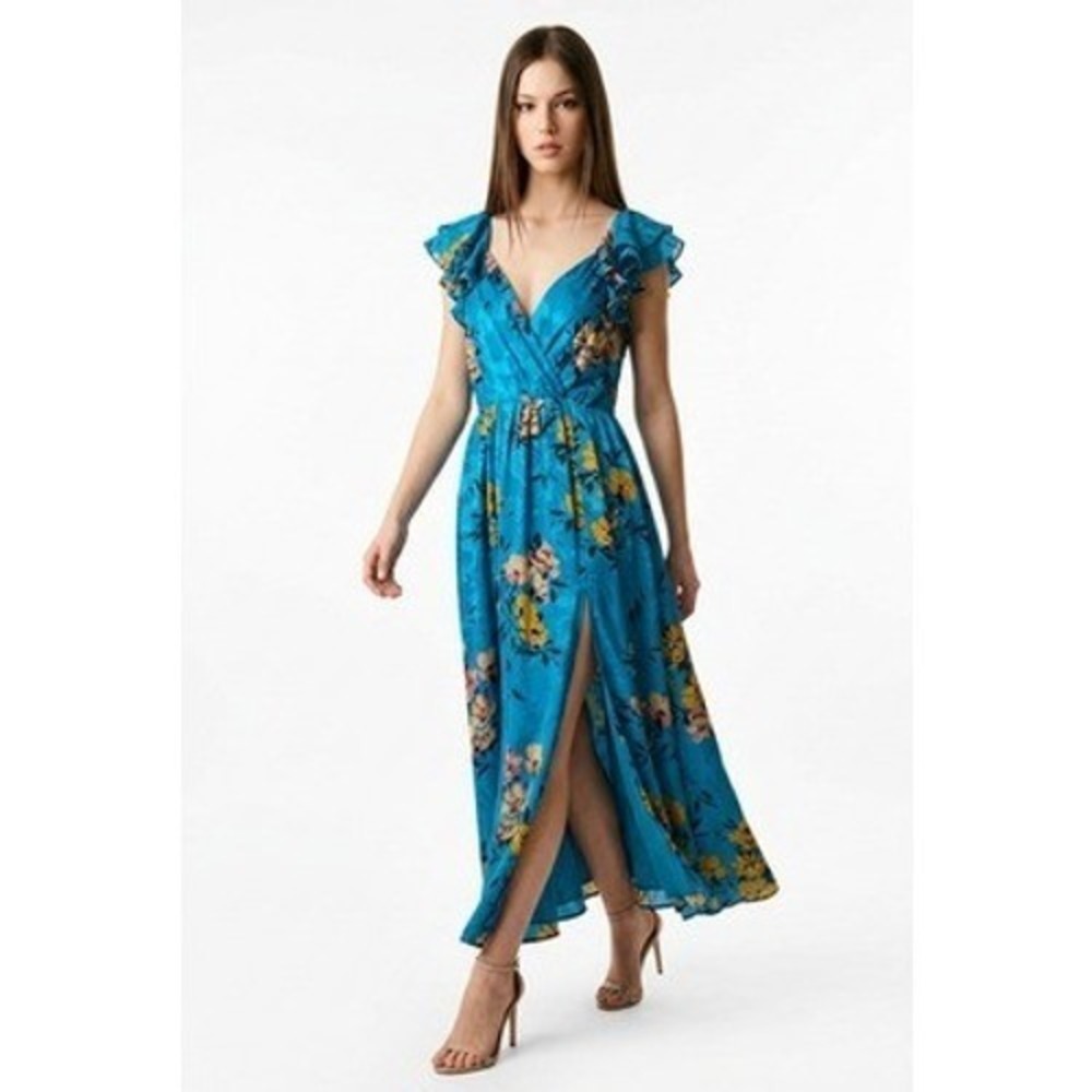 Lulus Dress Womens XS Blue Floral Jacquard Wrap Hi-Low Ruffle Party Maxi